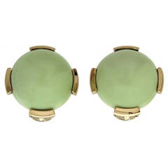 Round Cabochon Chrysoprase Gold Ear Clips
