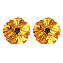 Hand-Carved Amber Cabochon Sapphire Gold Flower Earrings 6