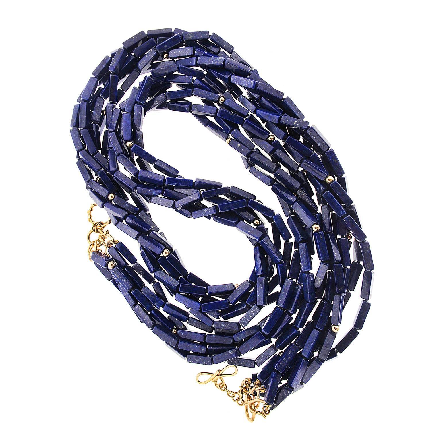 Lapis Lazuli Long Rectangle Cube Multi Strand Necklace