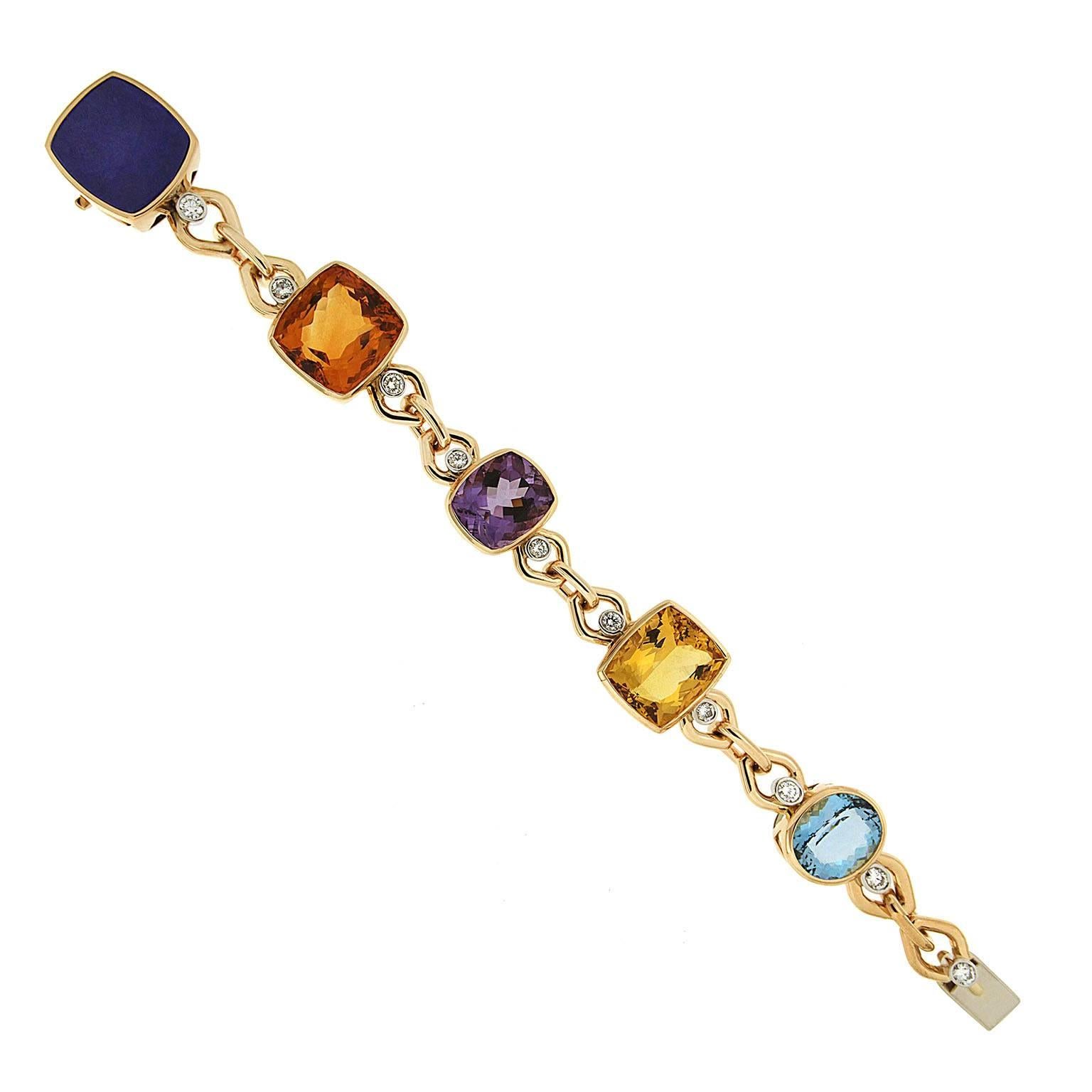 Multi-Color Stone Link Bracelet with Diamond In New Condition In New York, NY