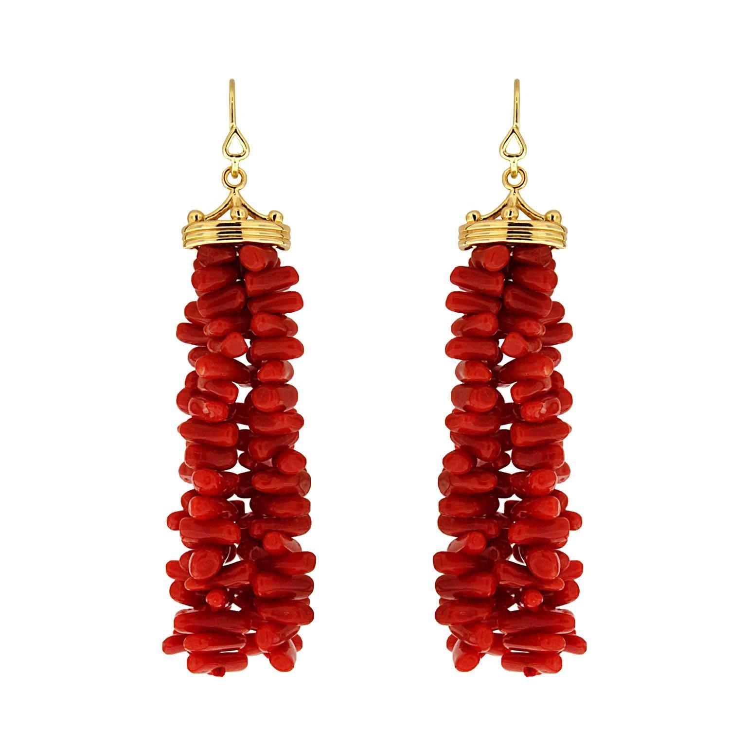 Gold Crown Cap Coral Tassel French Wire Earrings
