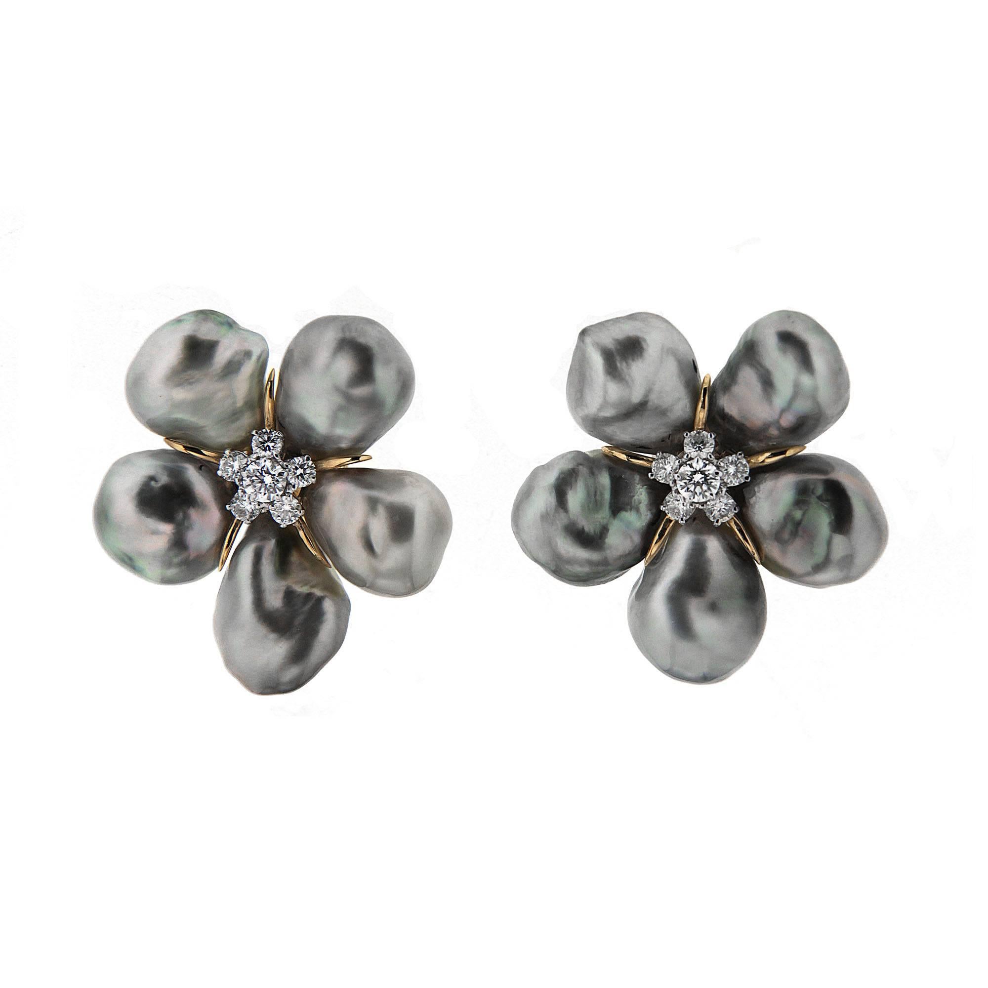 Tahitian Silver Pearl Diamond Gold Cluster Clover Earrings at 1stDibs