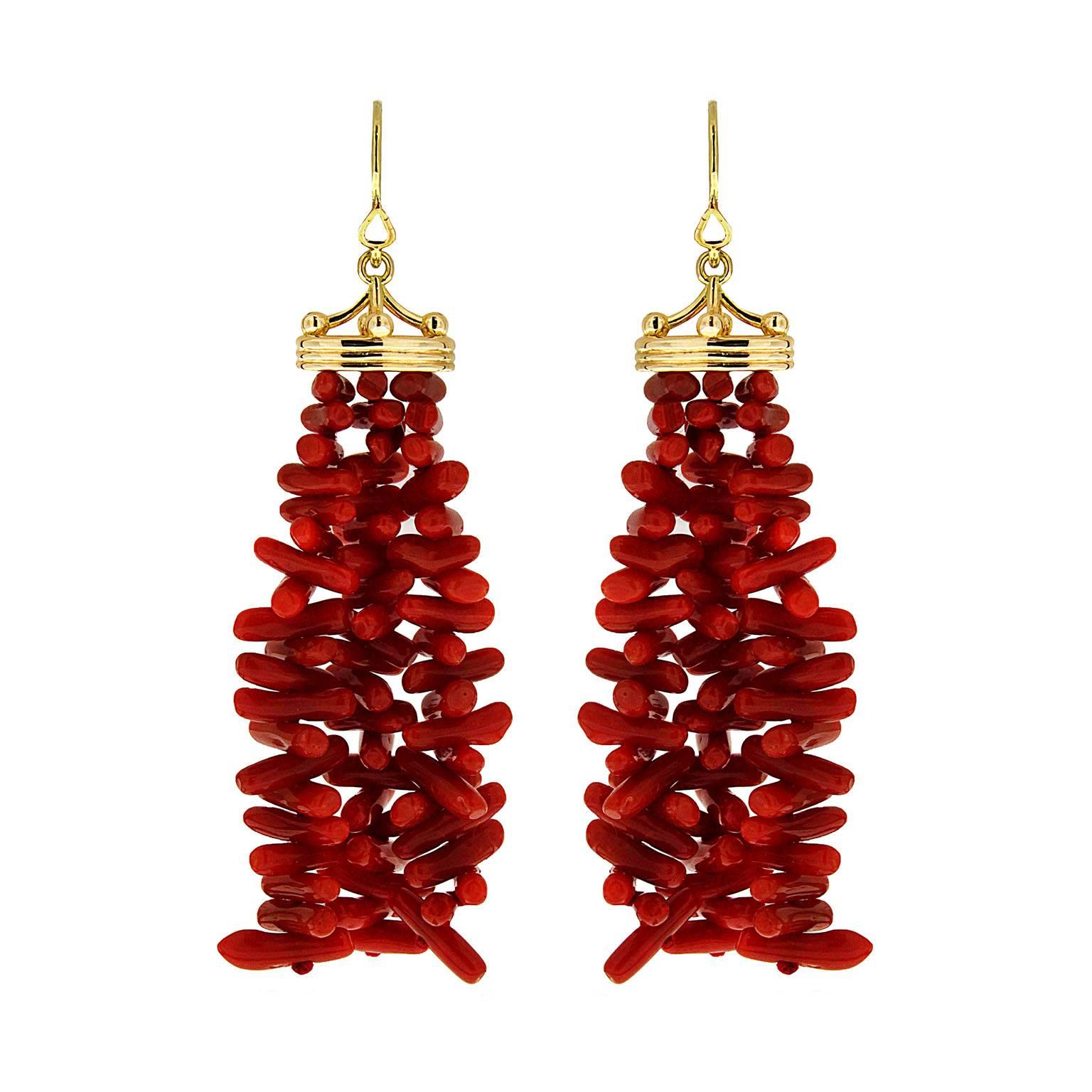 Valentin Magro Gold Crown Cap Coral Tassels French Wire Earrings