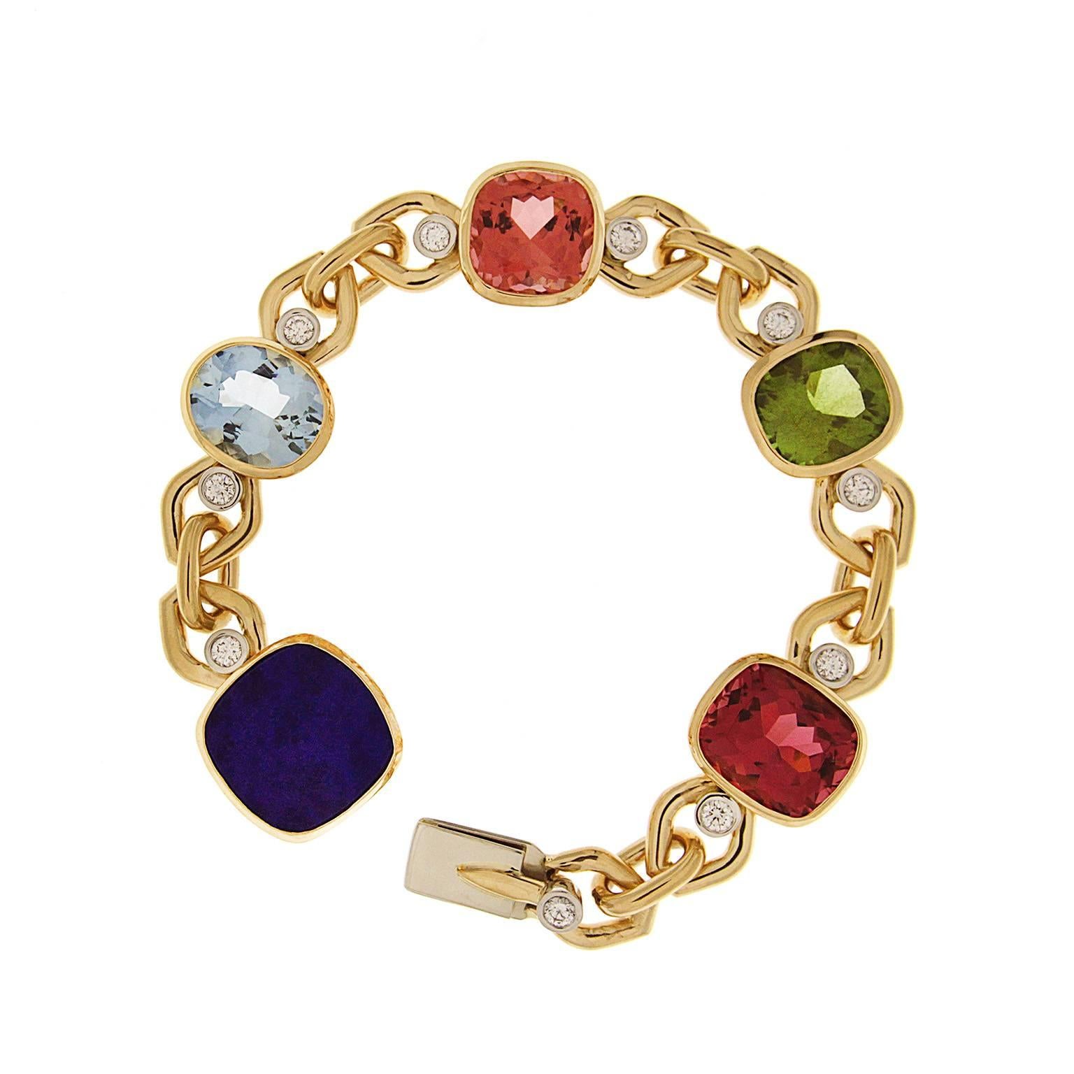 Multi-Color Stone Bracelet with Aquamarine, Lapis, Tourmaline and Peridot