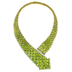 Square Peridots with Round Aquamarines and Baguette Diamond Necklace