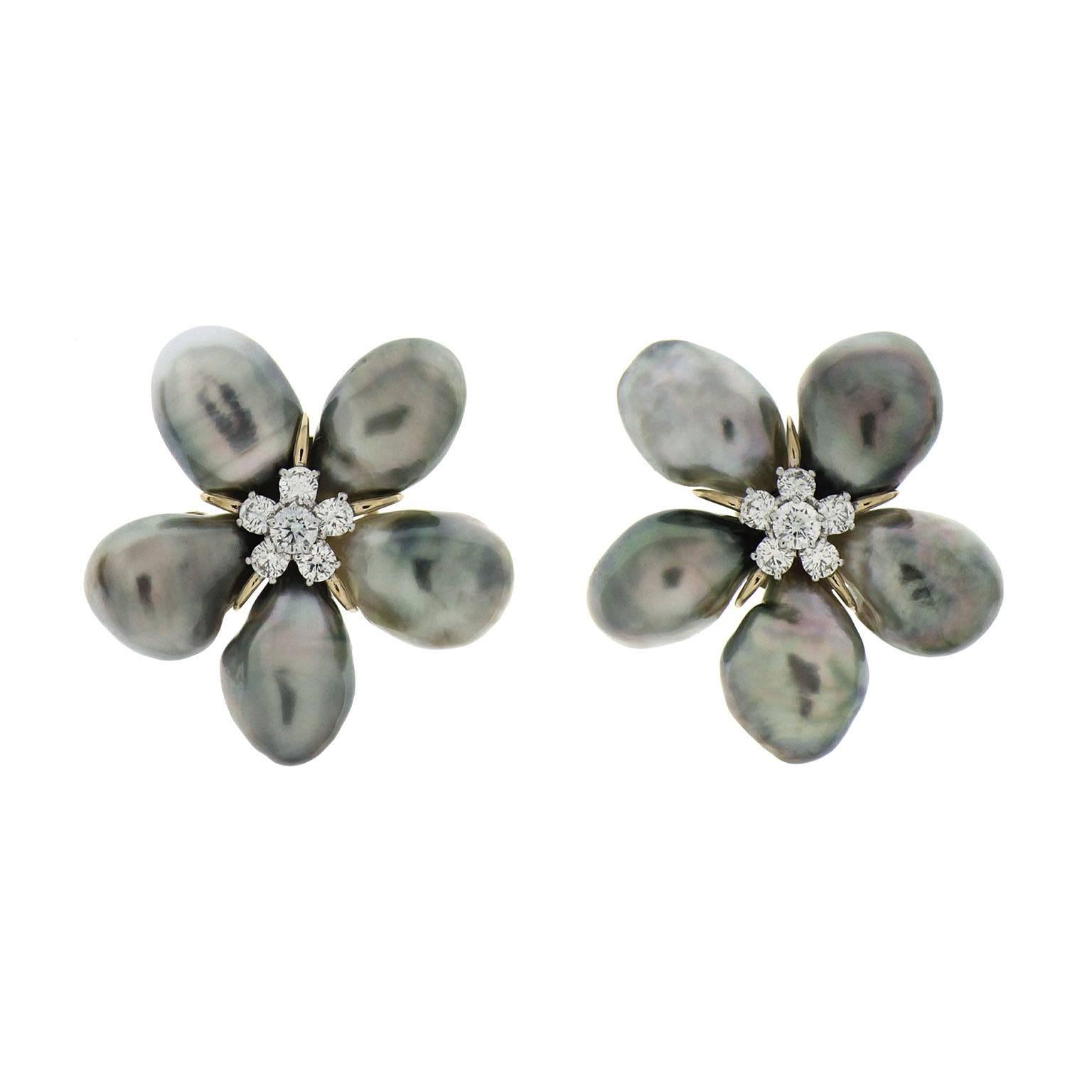 Valentin Magro Cluster Silver Grey Keshi Pearl Diamond Earrings