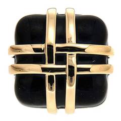 Black Enamel Gold Overlapping Motif Cushion Ring