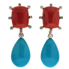 Cushion Coral and Tear drop Turquoise Earrings 7