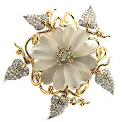 Hand Carved Crystal Diamond Gold Flower Brooch