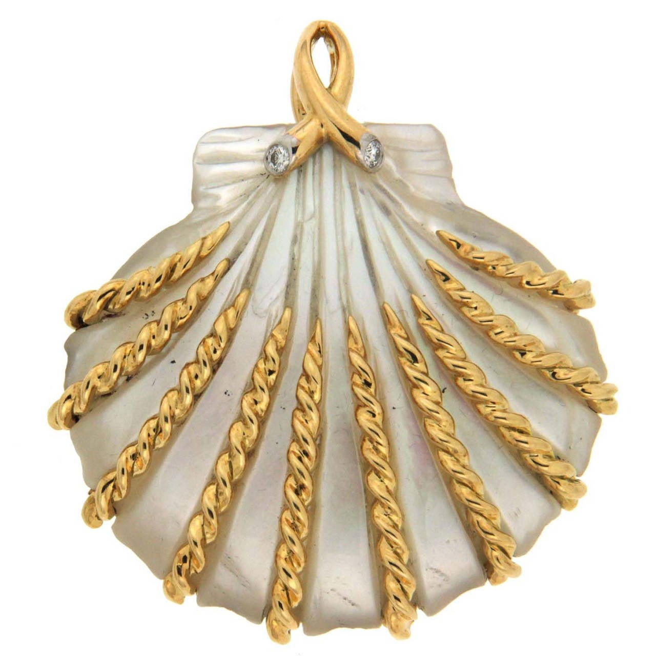 Hand-Carved Mother-of-Pearl Sea Shell Gold Pendant For Sale