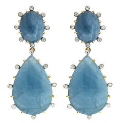 Oval and Tear Drop Aquamarine Diamond Gold Earrings
