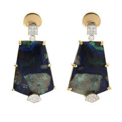 Azurite Malachite Diamond Gold Dangle Earrings