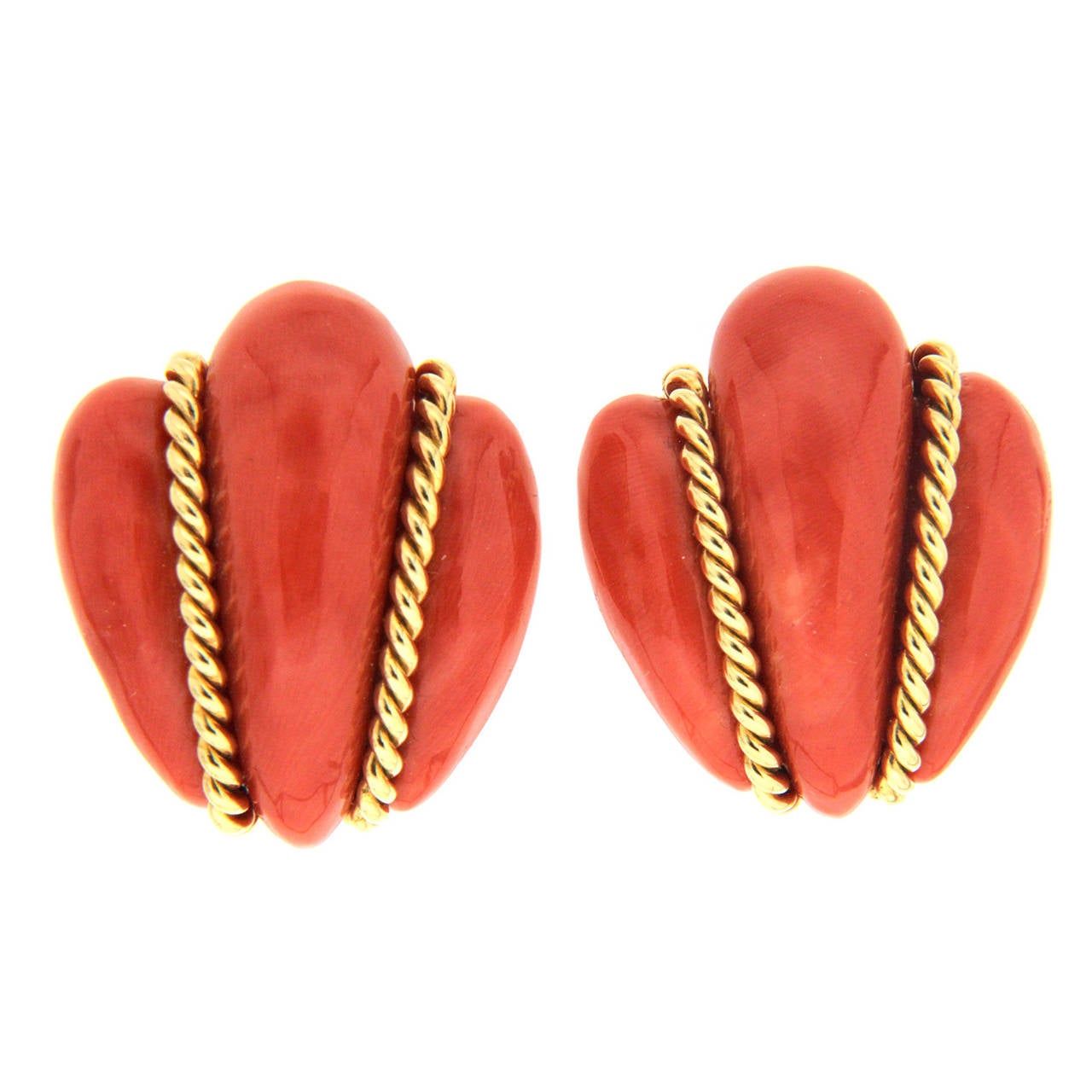 Coral Bee Earrings with Twisted Gold Wires