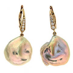 Baroque Fresh Water Pearl Diamond Gold Drop Earrings