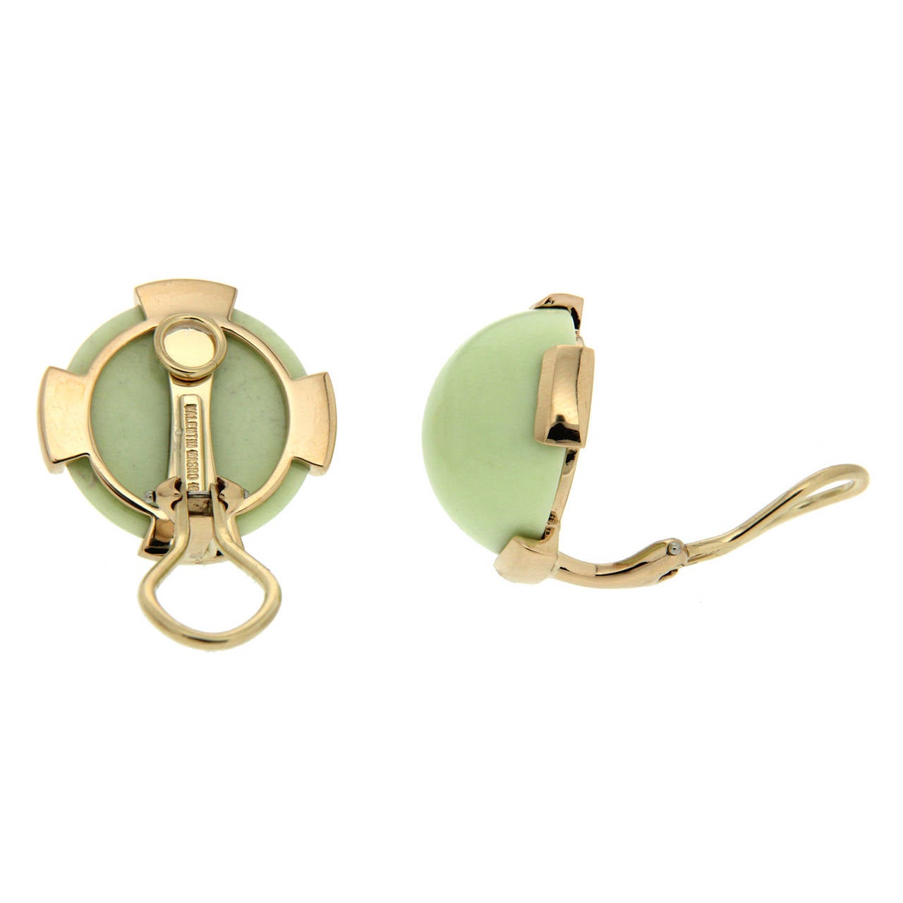 Lovely Round Cabochon Chrysoprase Earrings in 18K Yellow Gold with clip backs.