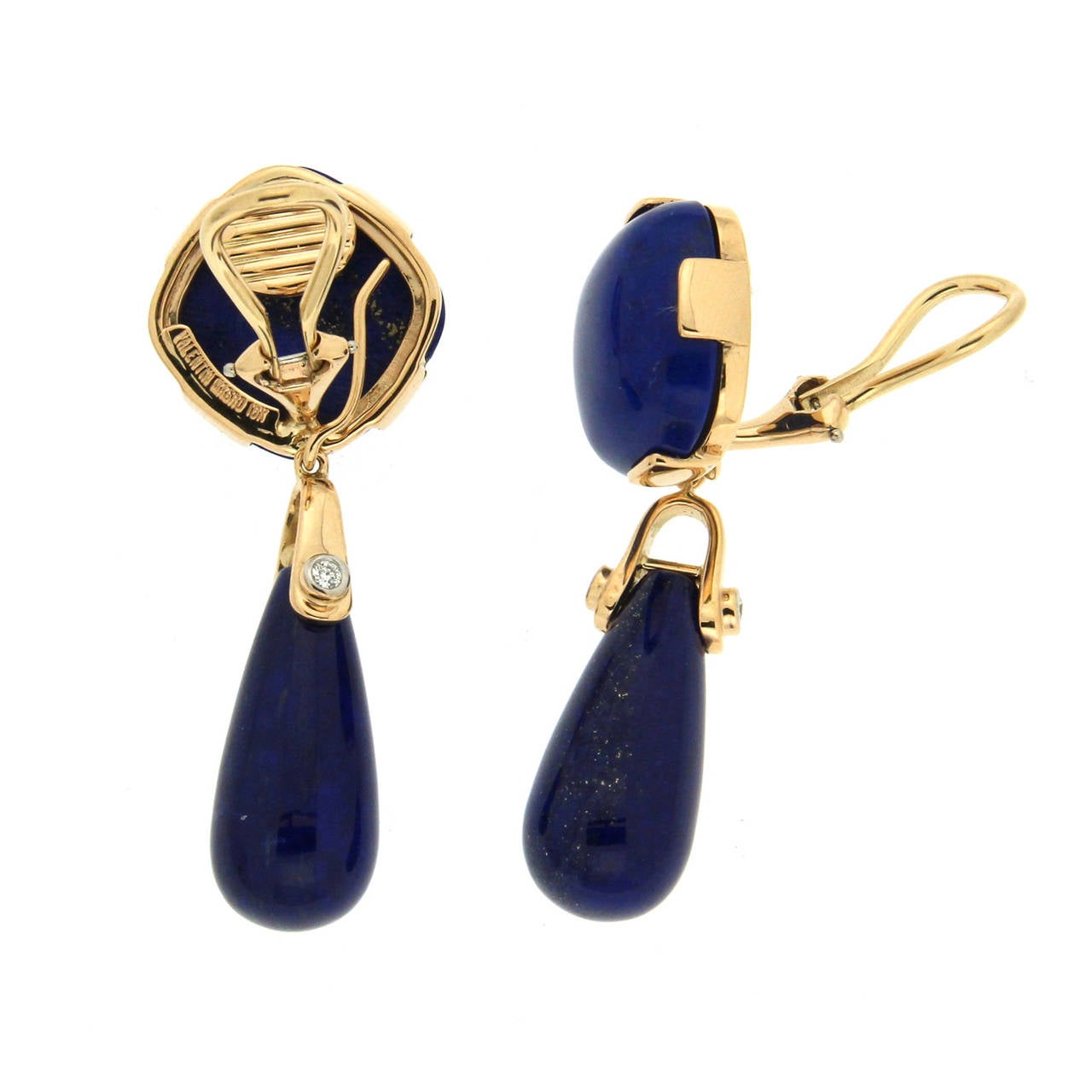 Round Cushion Lapis Cabochon Earrings with Lapis Tear Drops in 18K Yellow Gold.

Diamonds total weight 0.09ct