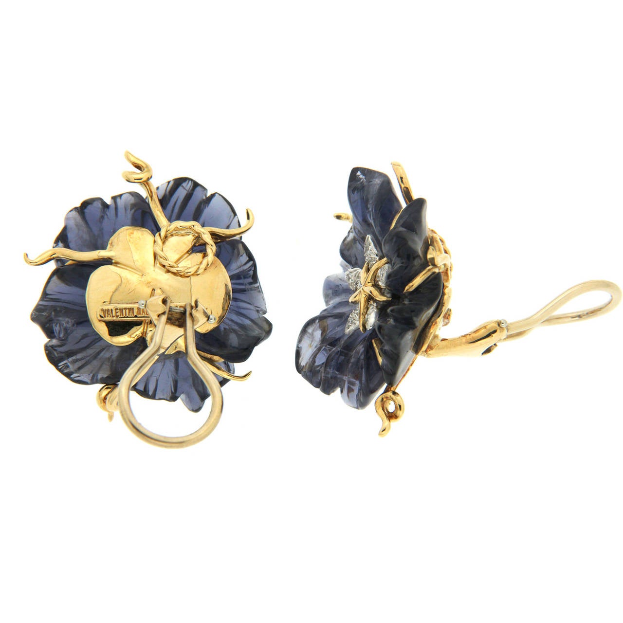 Hand Carved Iolite Flower Earrings with Diamond Pave Leaves and 18K yellow gold wires. Diamonds total weight 0.3ct