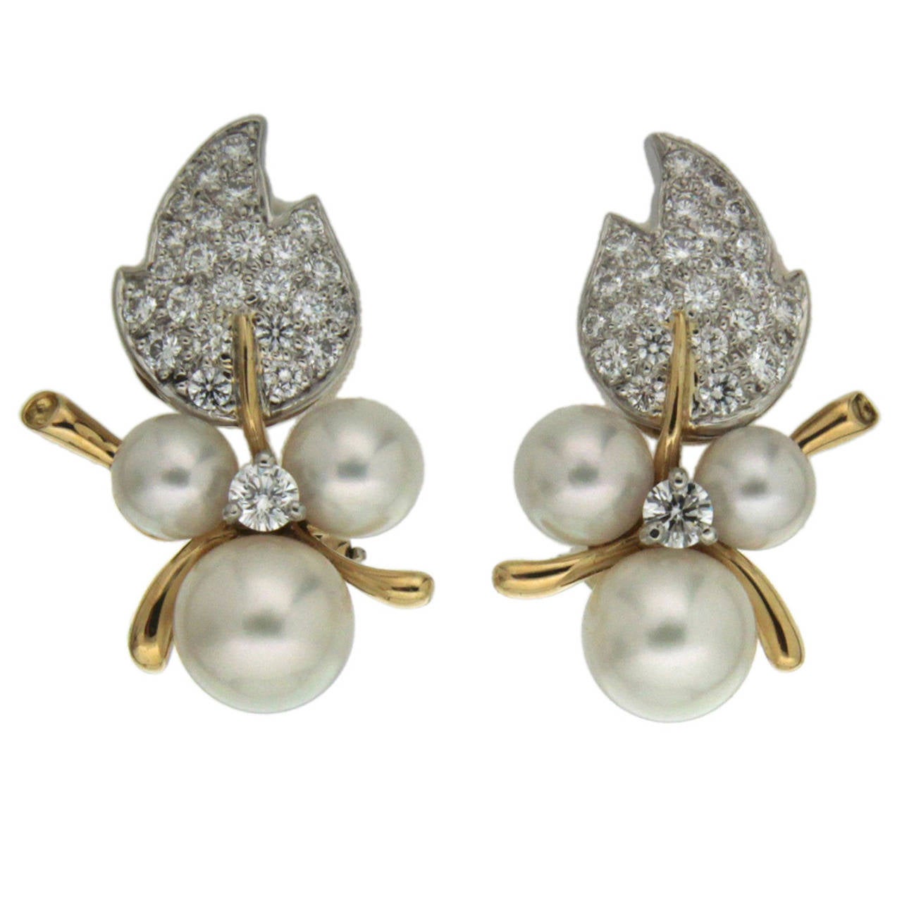 Pearl Diamond Leaf Earrings