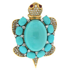 Valentin Magro Turquoise Diamond Gold Platinum Turtle Brooch 3