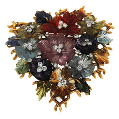 Trellis Flower Semi Precious and Diamond Gold Brooch 4