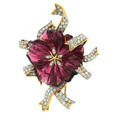 Pink Tourmaline Diamond Gold Flower and Ribbon Brooch 6