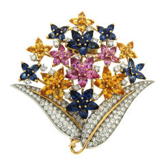 Fiori di Lucia Colored Sapphires Diamond Gold Platinum Brooch 1