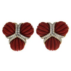 Triple Fan Coral Diamond Gold Earrings 4