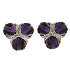 Amethyst Diamond Gold Triple Fan Earrings 7