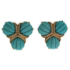 Triple Fan Turquoise Diamond Gold Earrings 5