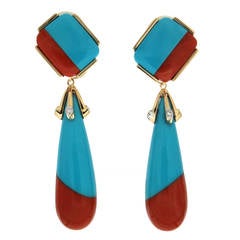 Turquoise Coral Diamond Gold Drop Earrings 2