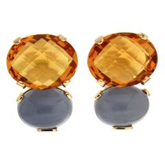 Checkerboard Oval Citrine Cabochon Oval Chalcedony Gold Earrings 5