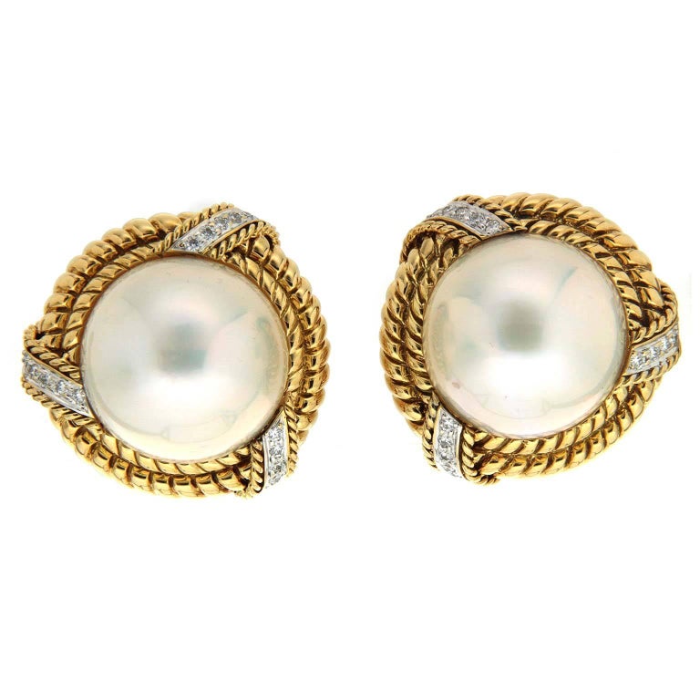 Mabe pearl Diamond Gold Twisted Rope Earrings For Sale at 1stdibs