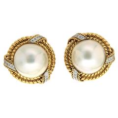 Mabe pearl Diamond Gold Twisted Rope Earrings 12