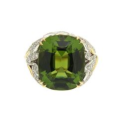 A. Valentin Magro Anello a foglia d'oro con peridoto e diamante a cuscinetto