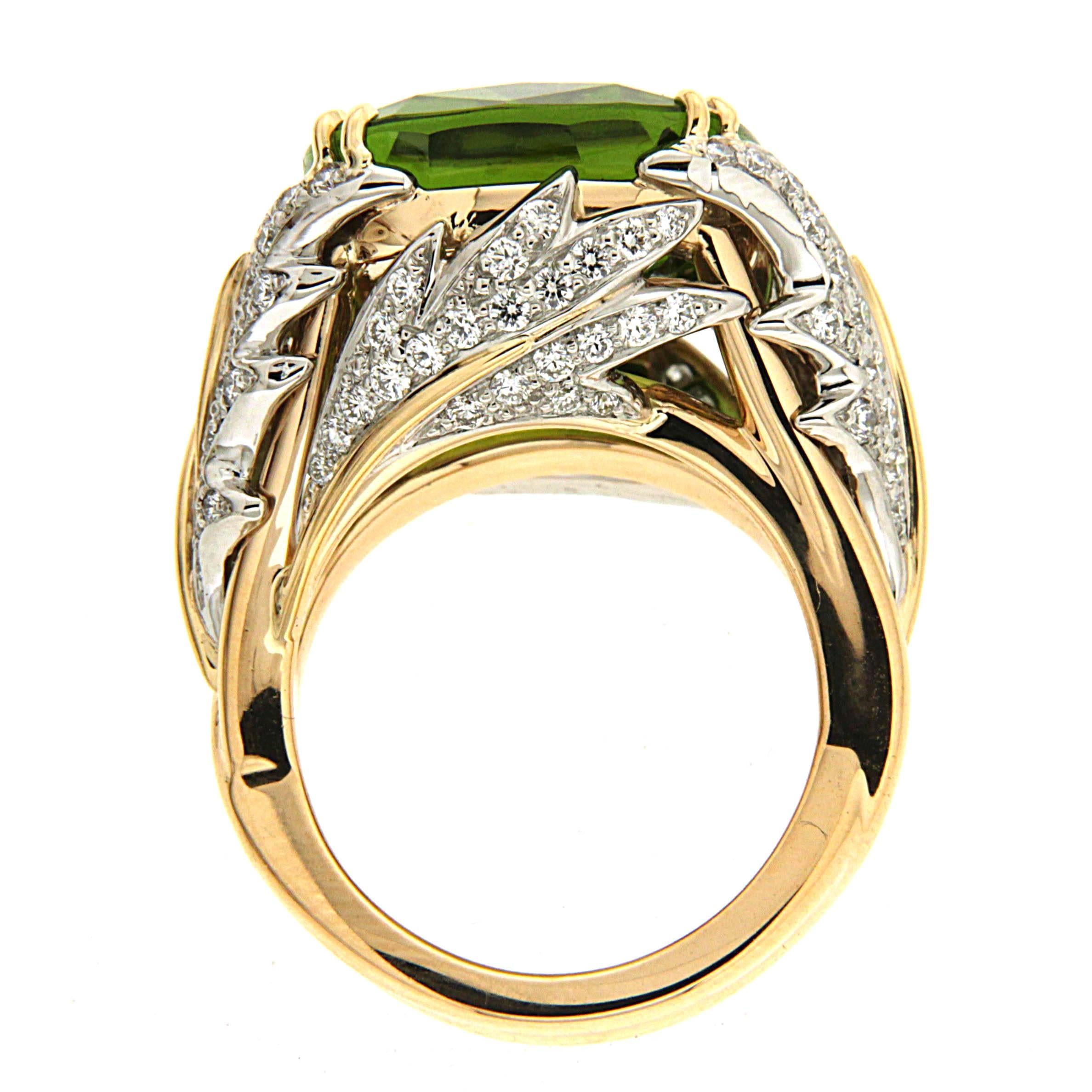 Valentin Magro Cushion Peridot Diamond Gold Leaf Ring In New Condition In New York, NY