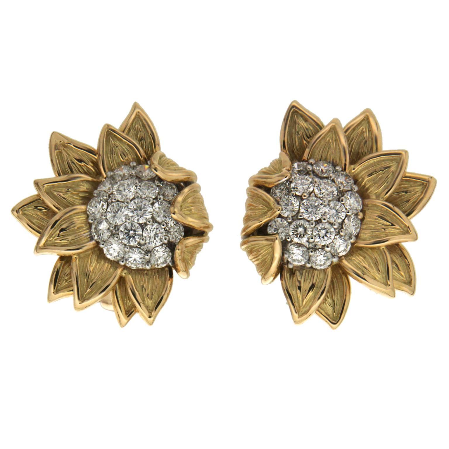 Fold over sunflower earrings with diamonds