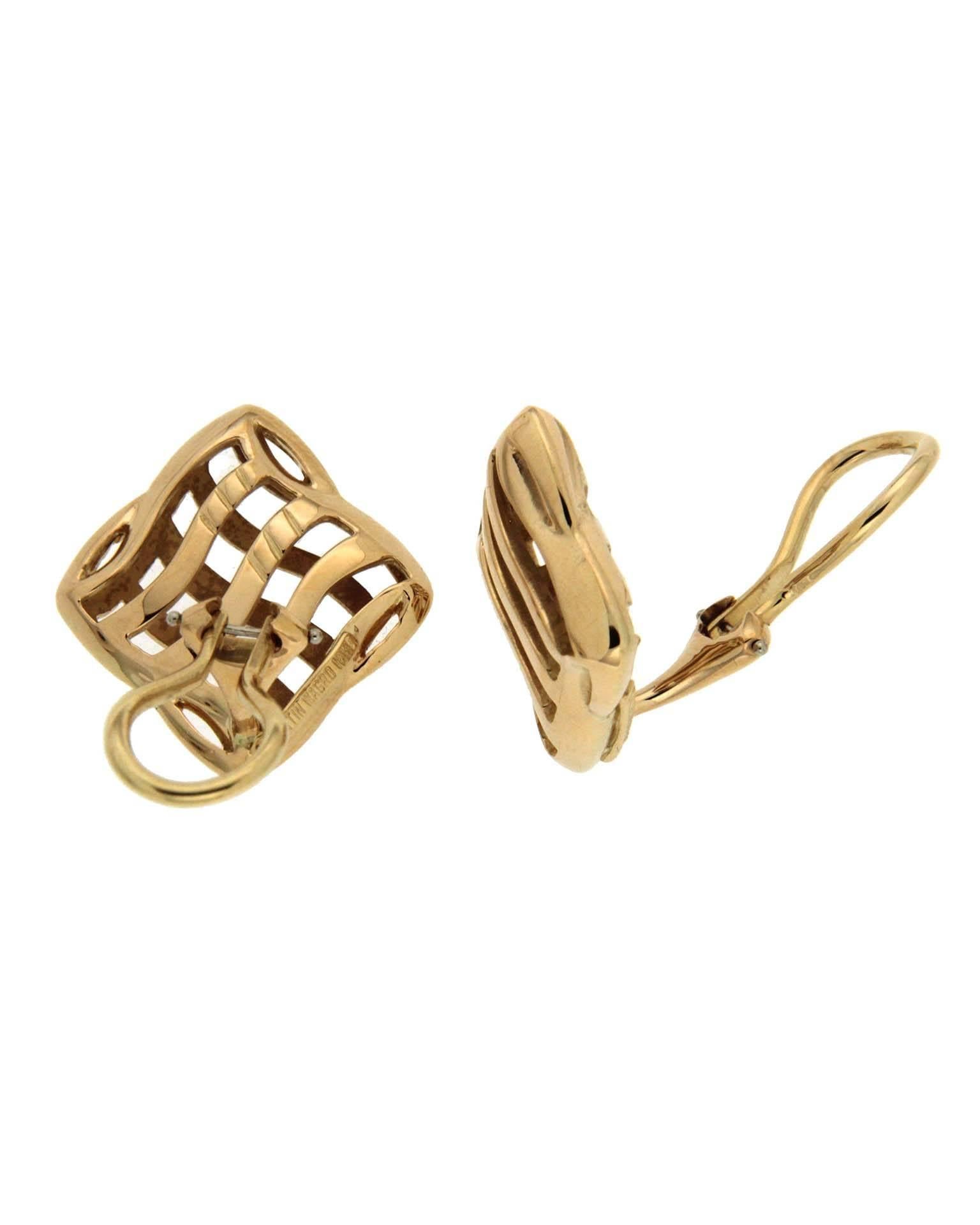 Small Version of Cushion Trellis Over and Under Earrings in 18kt Yellow gold with clip backs.
