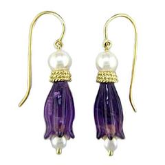 Hand Carved Pearl Amethyst Gold Tulip Dangle Earrings 6