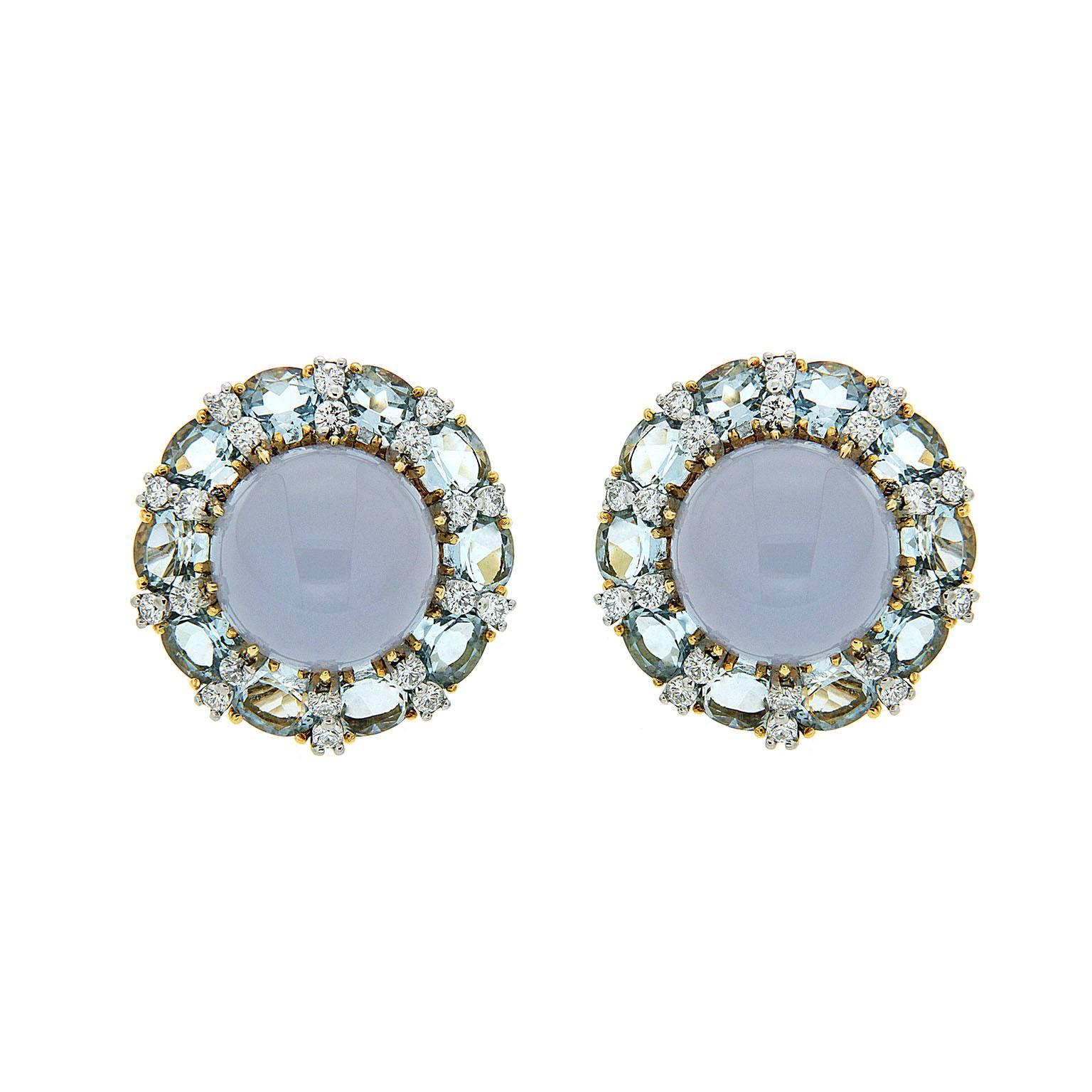 Colori Chalcedony Oval Aquamarine Diamond Gold Platinum Round Earrings