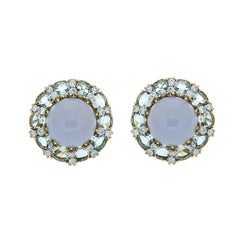 Colori Chalcedony Oval Aquamarine Diamond Gold Platinum Round Earrings