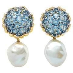 Aquamarine Flower Bud and Freshwater Pearl 18K Yellow Gold Earrings