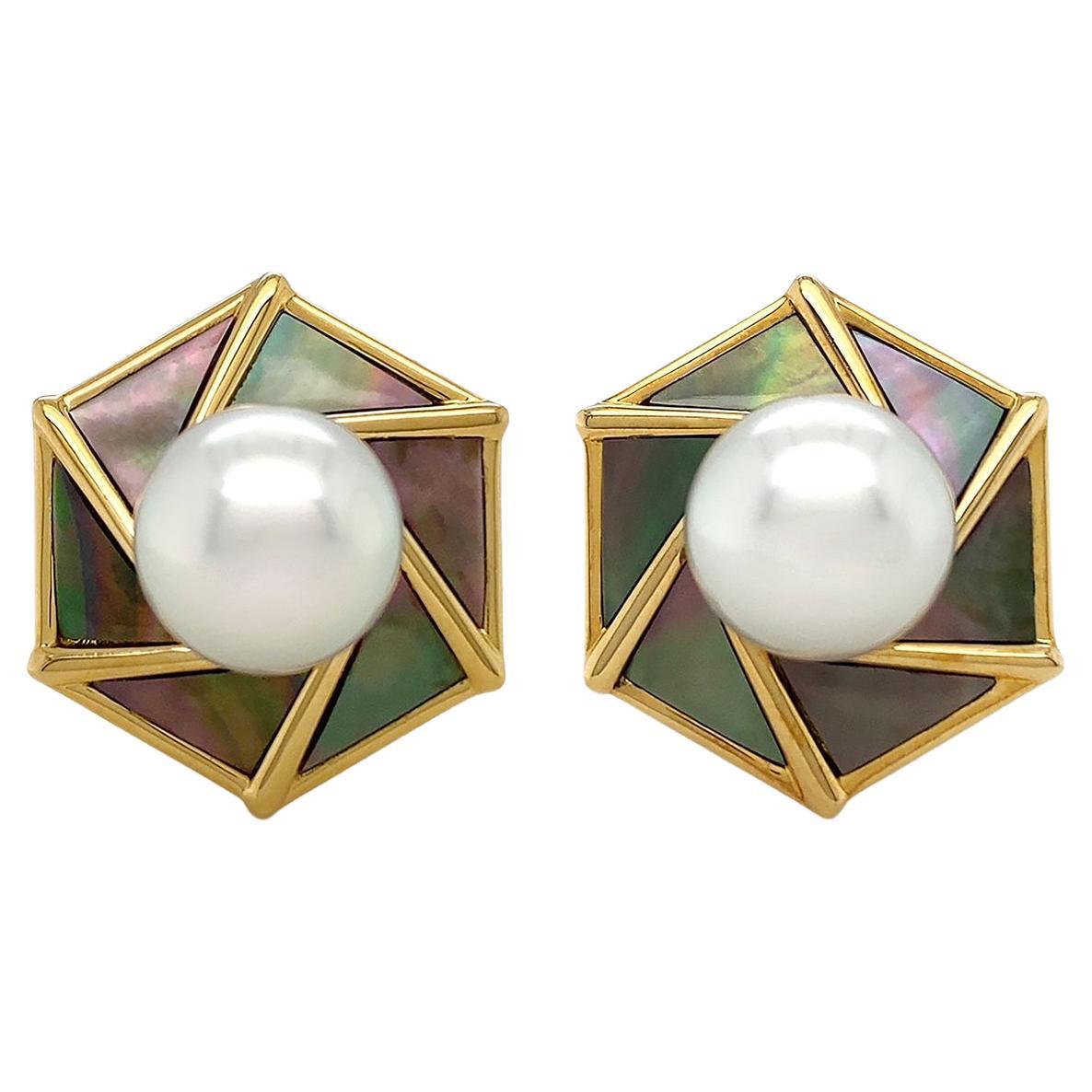 South Sea and Mother of Pearl 18K Yellow Gold Earrings For Sale