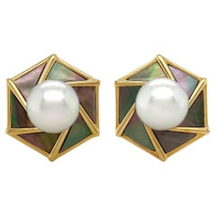 South Sea and Mother of Pearl 18K Yellow Gold Earrings
