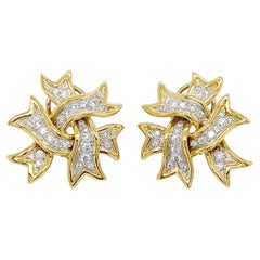 18K Yellow Gold Platinum Ribbon Diamond Earrings