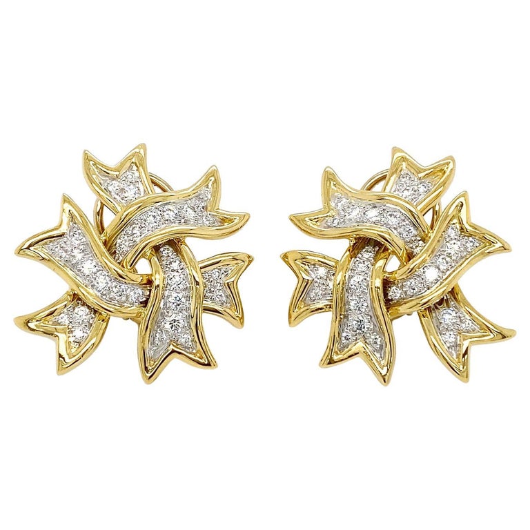 Gold Ribbon Diamond Earrings For Sale at 1stDibs