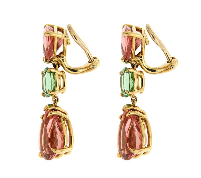 Pink and Green Tourmaline Gold Earrings For Sale at 1stdibs