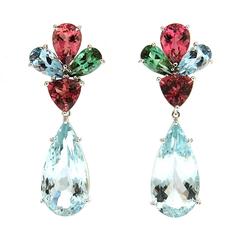 Aquamarine Pink Tourmaline Gold Earrings 8