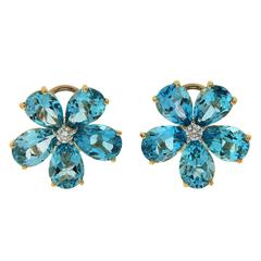 Pear Shape Swiss blue topaz Diamond gold Cluster earrings 3