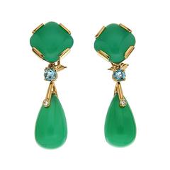 Chrysophrase Aquamarine Diamond gold dangle earrings