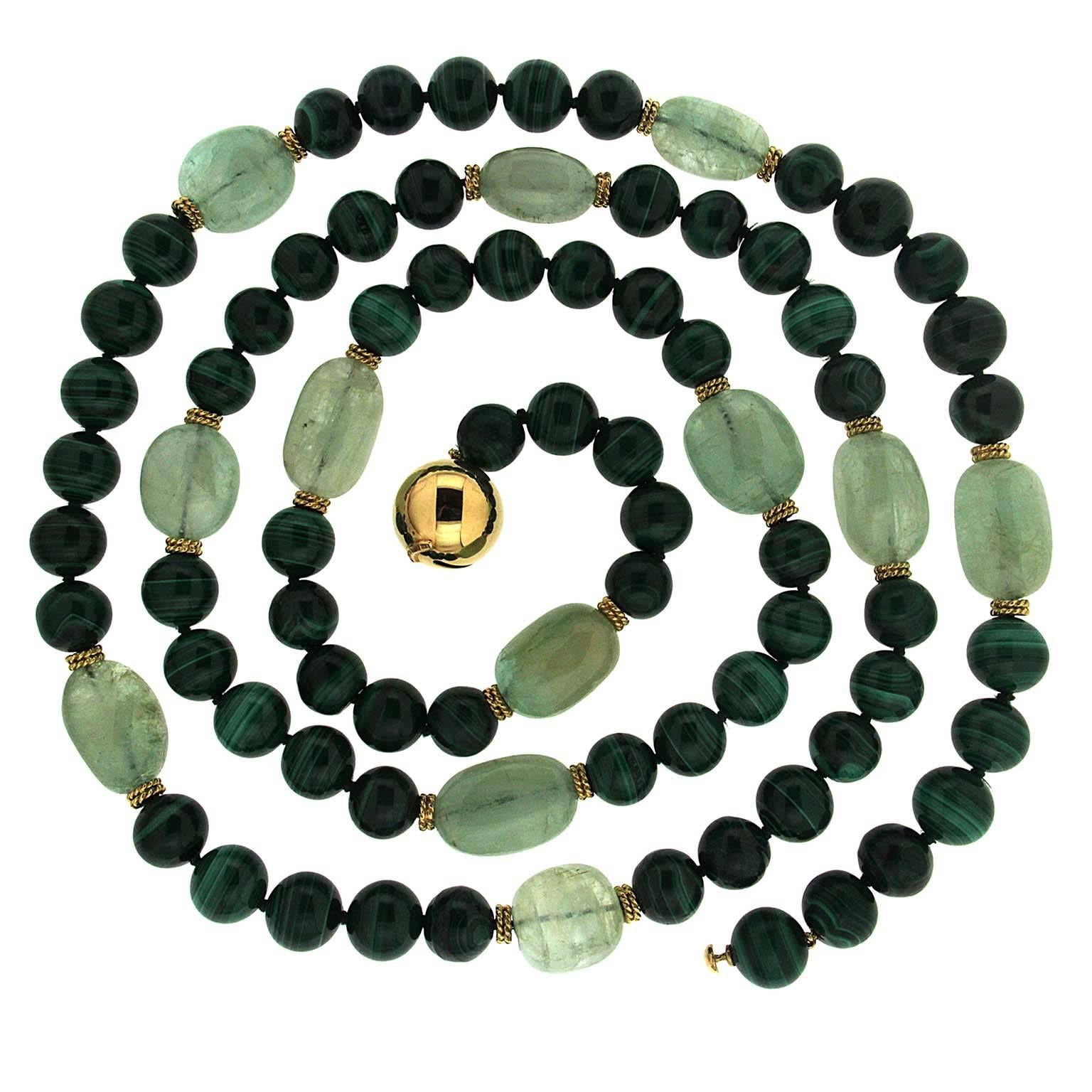 Emerald Malachite Necklace with gold roundels